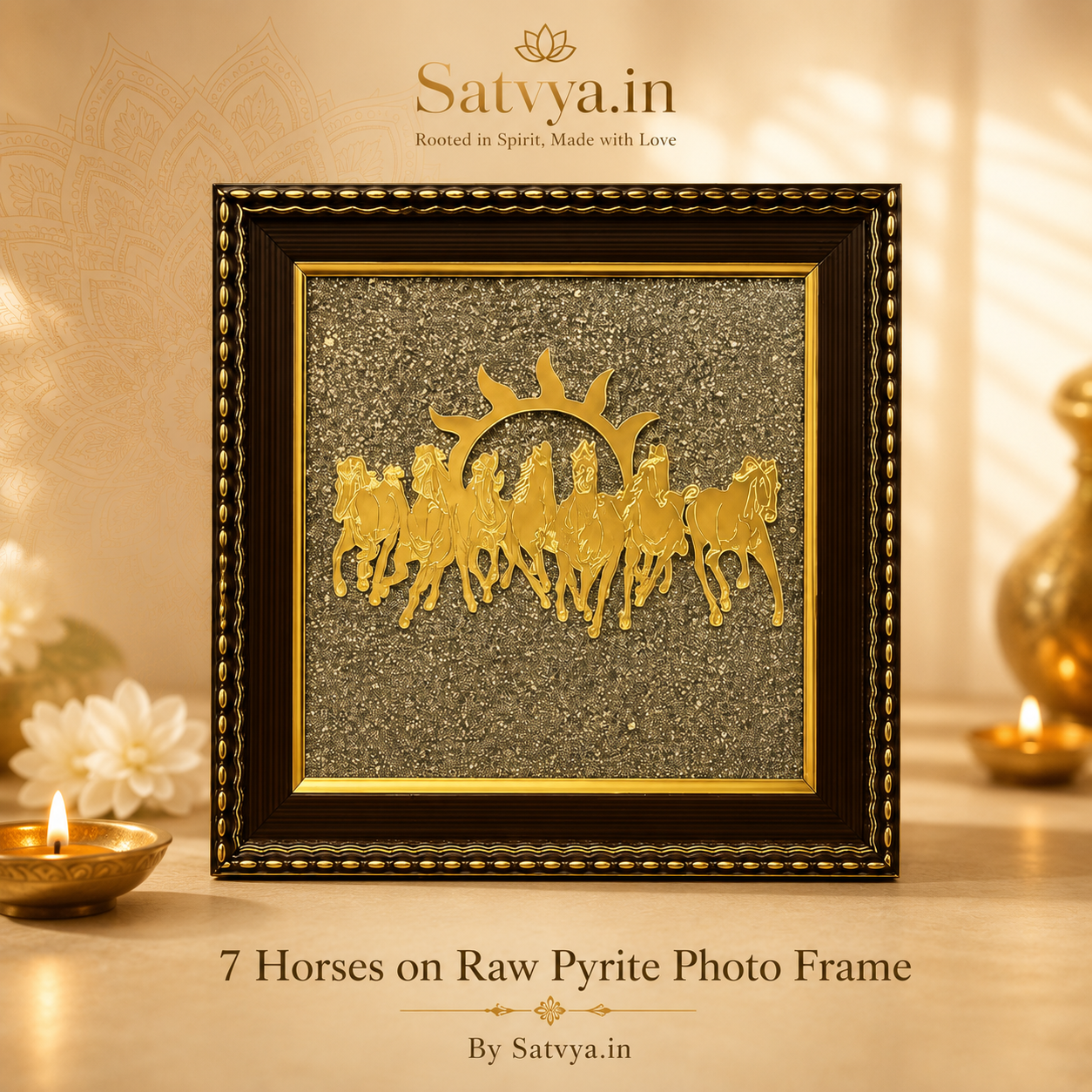 7 Horses on Raw Pyrite Photo Frame for Vastu