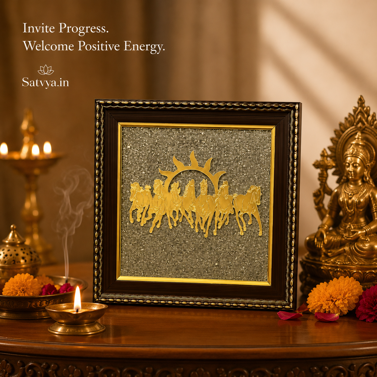 7 Horses on Raw Pyrite Photo Frame for Vastu