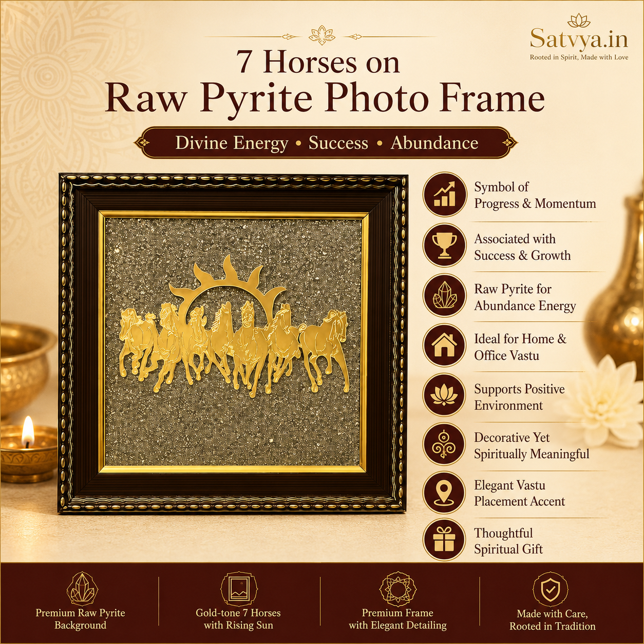 7 Horses on Raw Pyrite Photo Frame for Vastu