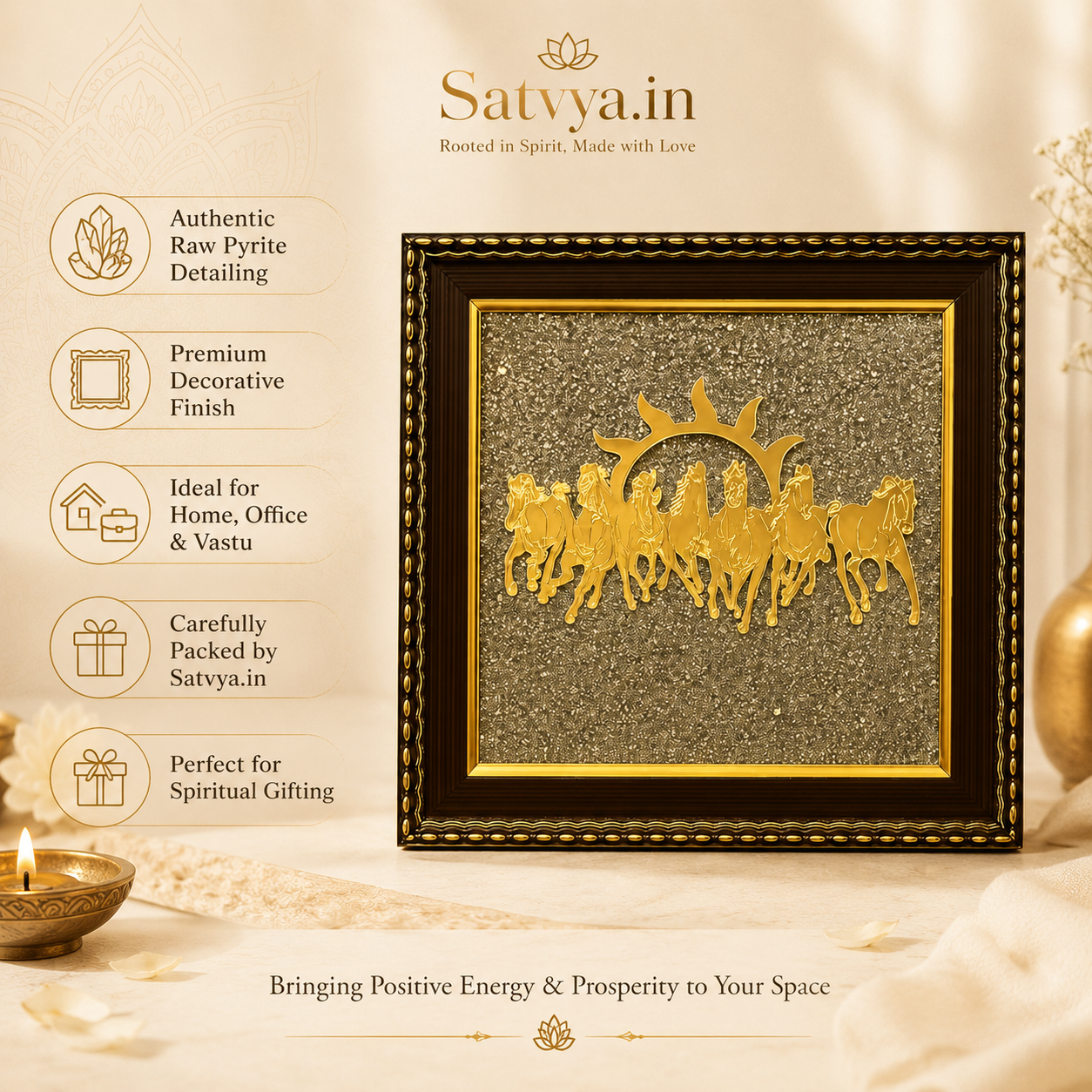 7 Horses on Raw Pyrite Photo Frame for Vastu